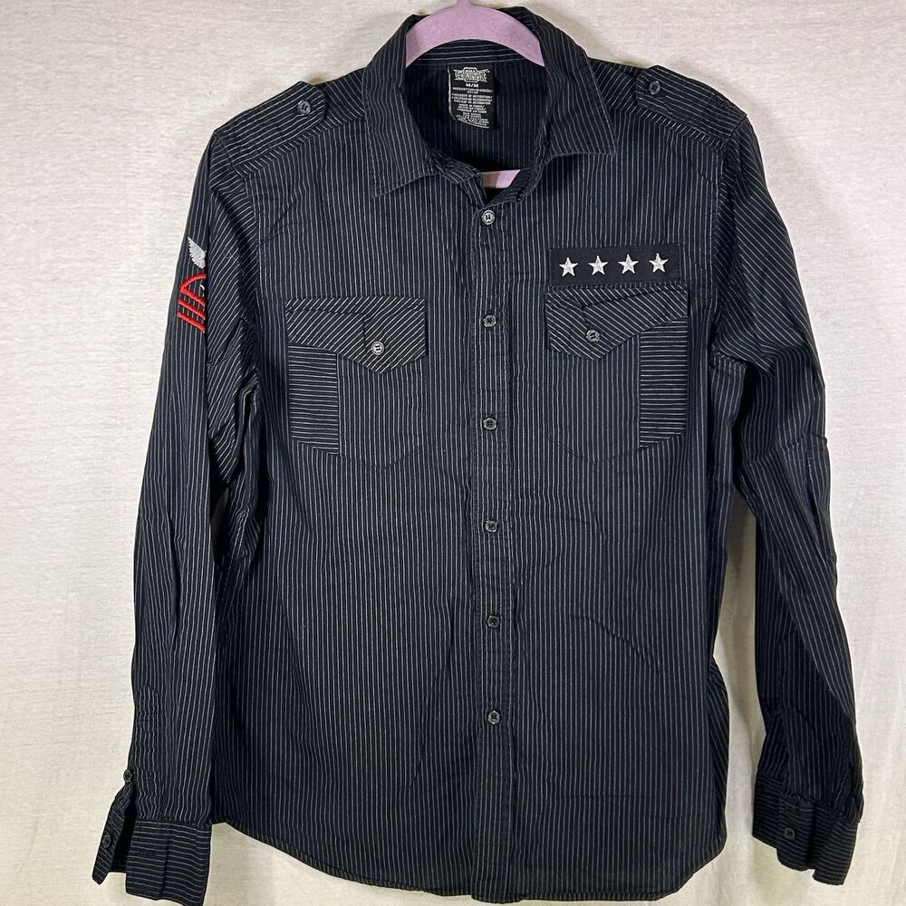 MMA Elite Mens Medium Black Military Style Long Sleeve Button Up Shirt Patch